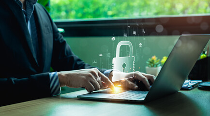 Cyber security concept, Lock icon and internet network security technology. screen padlock and...