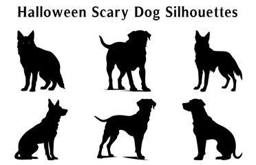 Halloween Scary Dog Vector Silhouettes bundle, Set of silhouettes of Halloween evil Black Dogs