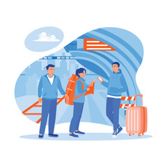  A multiethnic group of friends using maps and smartphones on a train station platform. Take a tourist trip by train. Tourist Guide concept. trend modern vector flat illustration