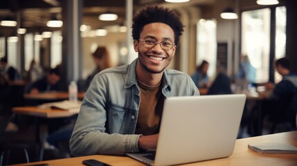 Happy African American teen student elearning at home on pc, writing notes. Smiling teenage girl using laptop watching webinar, hybrid learning english online virtual class, sitting at home table