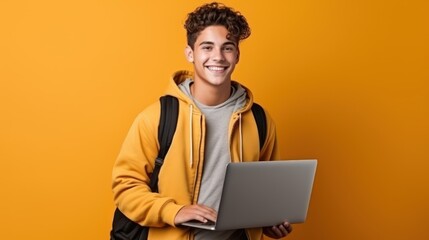 Happy smiling  teenager student holding laptop using computer technology presenting elearning, online education websites isolated background.