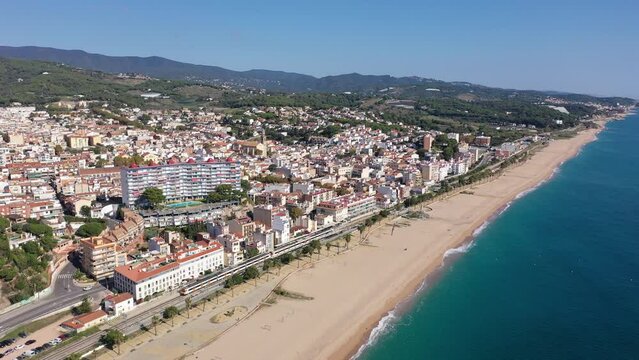  Drone picture over Costa Brava coastal and Mediterranean sea, village Canet de Mar, Spain