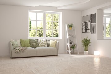 White living room with sofa and summer landscape in window. Scandinavian interior design. 3D illustration