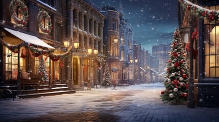 Festive decorations lining city street with central Christmas tree. Snowy urban holiday scene. - obrazy, fototapety, plakaty