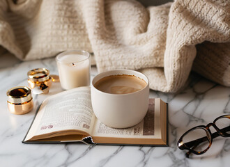 温かいコーヒーを飲んでくつろぐ読書タイムイメージ、落ち着いた女性らしい雰囲気の読書イメージ