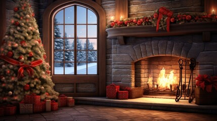 Illuminated Christmas tree, cozy fireplace, stockings, and snowy view. Traditional holiday mood.