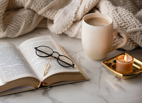 温かいコーヒーを飲んでくつろぐ読書タイムイメージ、落ち着いた女性らしい雰囲気の読書イメージ