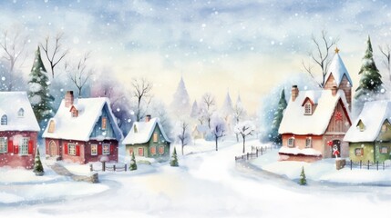Fototapeta premium Quaint snowy settlement, nestled among trees with mountains in distance. Rustic winter charm.