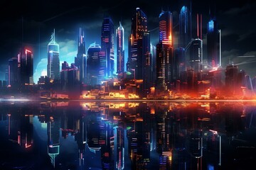 Fluorescent metropolis nightscape; futuristic skyscrapers. Generative AI