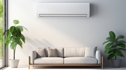 Air conditioning on the wall in the living room with large windows and indoor plants and a sofa. Modern room interior with furniture and air conditioner.  - obrazy, fototapety, plakaty