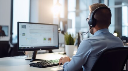 businessman working on computer wearing headset in office