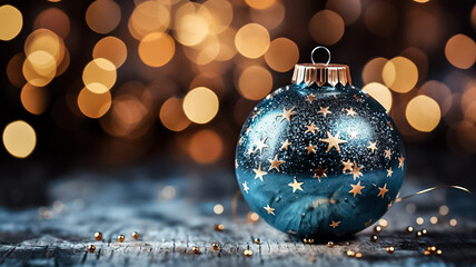 Obraz premium Christmas decor glass ball in the snow on a blurred background of lights in a blue snowy night. Design ai