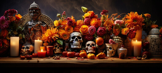 Side View Day of the Dead banner concept design of skulls, candles and flowers on black background  with perfect ornament.AI Generative