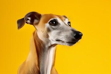 Cute Italian Greyhound dog on yellow background. empty space - obrazy, fototapety, plakaty