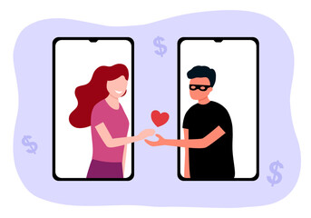 Girl and scammer guy on mobile screen. Online dating scam on smartphone mobile app in flat design. Phone phishing. - obrazy, fototapety, plakaty
