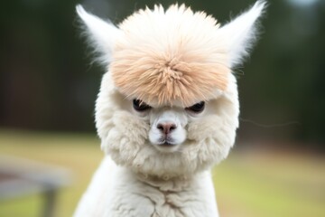 funny close up of a alpaca with crooked teeth in park - obrazy, fototapety, plakaty