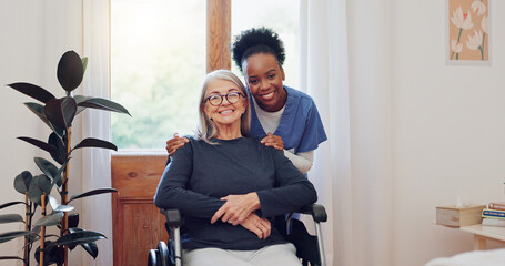 Senior care, nurse and old woman with wheelchair, portrait and smile in health at nursing home....