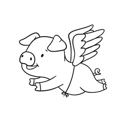 Cute outline piglet character with wings. Hand drawn illustration isolated on white background. Funny Farm animal for coloring book