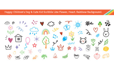 Cute kid scribble line flower, heart. rainbow background. Hand drawn doodle sketch childish element set. Symbol, flower, heart, buterfly, tree, cloud children draw style design elements vector.