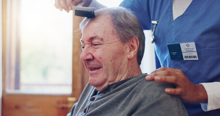 Senior man, nurse and comb hair with smile for grooming, care and wellness with helping hand in...
