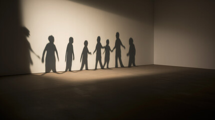 Silhouetted figures on a lit wall.