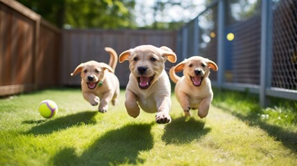 3 golden retriever puppy running outdoor 
