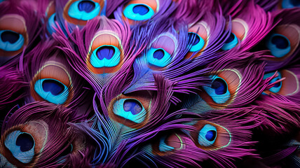 Colorful exotic background of bright purple and blue peacock feathers