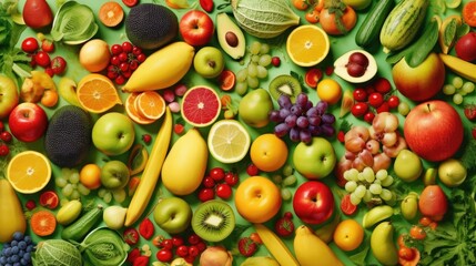 Top view of Different fresh organic vegetables and fruits. Food background.