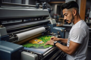 a young man printing a t-shirt with a cartoon design at a printing company - obrazy, fototapety, plakaty