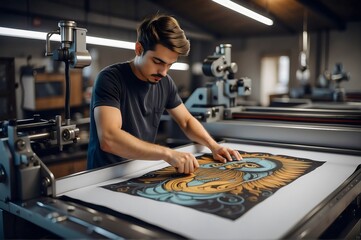 a young man printing a t-shirt with a cartoon design at a printing company - obrazy, fototapety, plakaty