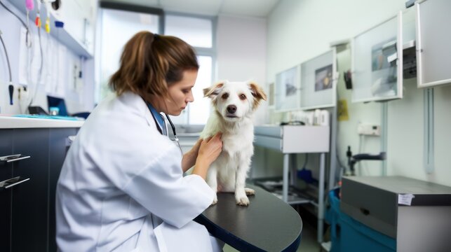 Cropped image of veterinarian doctor holding cute dog puppy in arms in veterinary clinic
