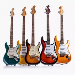 Photo realistic set of electric guitars in various styles, white background. generative ai