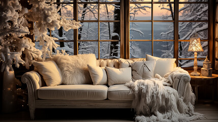 Cozy winter light interior. A sofa, pillows, a window overlooking a snowy forest and a Christmas tree with lights. Merry Christmas and New Year greeting card.