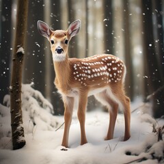 Realistic Flat Illustration. Majestic Cute Deer in a Snowy Forest