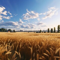 modern wheat farm, with blue sky background. generative ai