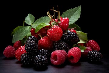 An arrangement of mixed berries and raspberries with leaves and stems on a table against a black background. Generative AI