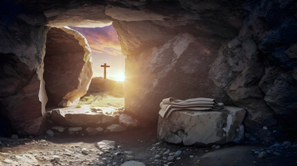 Resurrection Of Jesus Christ, Tomb Empty With Shroud And Crucifixion At Sunrise