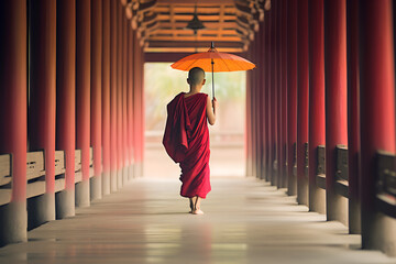 Asian, Myanmar young monk with traditional umbrella in pavilion.