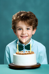 Little boy and birthday cake with candles on green background