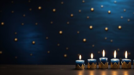 Festive Hanukkah background with traditional Hanukkah menorah, candles, dreidels, and copy space for your text. Perfect for Hanukkah greeting cards, invitations, and other holiday designs.