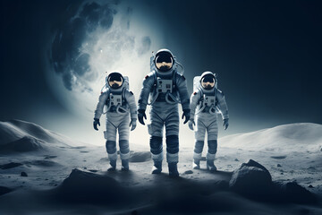 Three spacemen or astronauts walking on the moon.