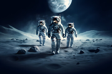 Three spacemen or astronauts walking on the moon.