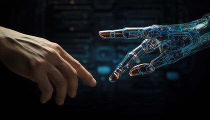 Fototapeta premium Harmonious Coexistence of Humans and AI Technology - Delicate Human Finger Touching Cyborg Robot Metallic Hand Finger, Symbolizing Collaborative Partnership in the Modern World of Advanced Innovation