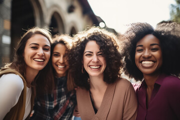 Obraz premium The portrait of a group of the happy and smiling multicultural young women shot together in the city, on a train. Generative AI.