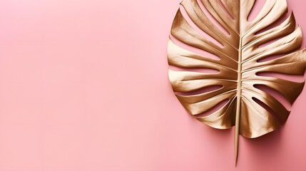Top view of gold tropical palm Monstera leaf on pink background. Flat lay, view from above. Minimal concept.