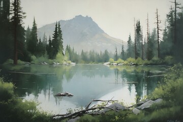 A painting portraying a serene mountain lake surrounded by trees. Generative AI