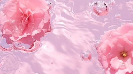 Top view of pink transparent clear calm water surface. Texture with splashes and bubbles and podium for cosmetics product. Trendy abstract summer nature cosmetic background