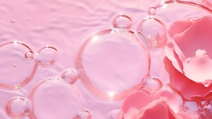 Obraz na płótnie Canvas Top view of pink transparent clear calm water surface. Texture with splashes and bubbles and podium for cosmetics product. Trendy abstract summer nature cosmetic background