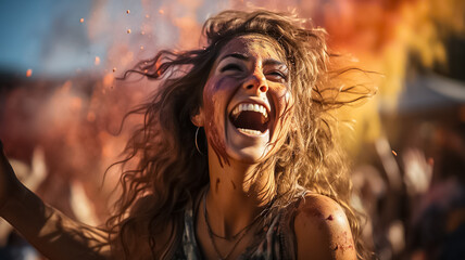 crowded group of young people dancing cheering and celebrating on a summer festival outside in the day time. laughig screaming and being happy and having fun.  holi fest colorful splashes.Generative A