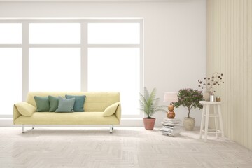 White living room with sofa. Scandinavian interior design. 3D illustration
